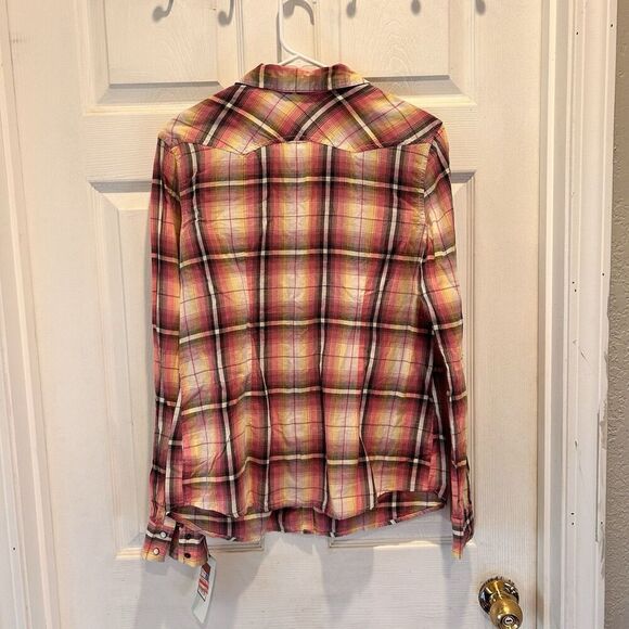 Mossimo Womens Flannel Western Top L Pink Plaid Pearl Snap Long Sleeve Jrs NWT - Picture 6 of 7